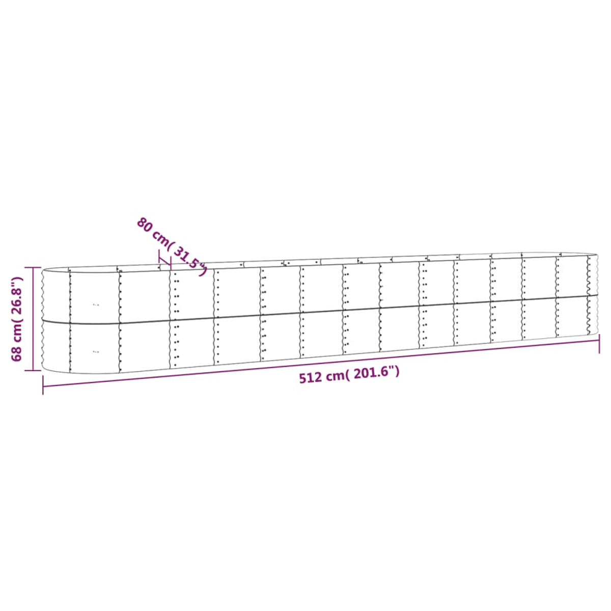 Diagramm einer langen, segmentierten Struktur. Abmessungen: 68 cm Höhe, 80 cm Breite und 512 cm Länge, mit Maßen in Zoll.