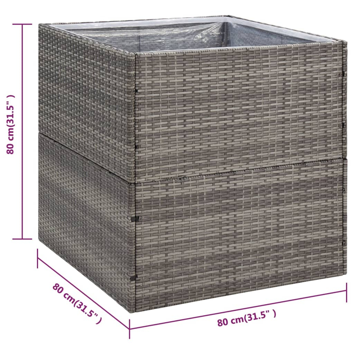 Ein quadratischer, grau gewebter Pflanzkübel mit Plastikauskleidung. Abmessungen sind 80 cm (31,5") pro Seite und Höhe. Der Pflanzkübel ist leer.
