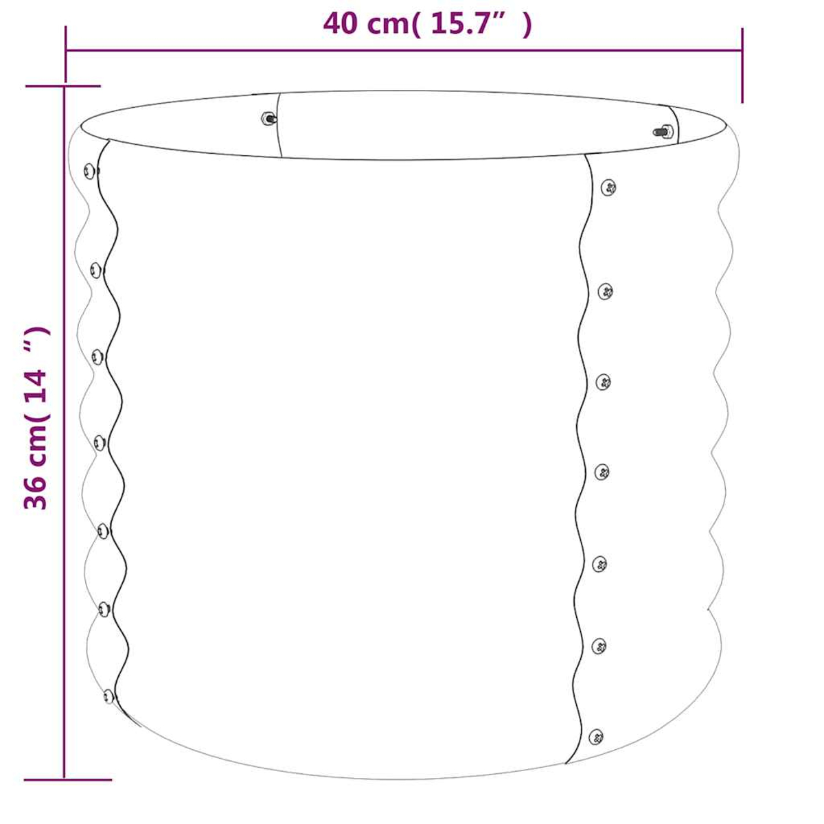 Ein weißes, zylindrisches Objekt mit gewellten Kanten. Abmessungen: 40 cm breit und 36 cm hoch. Schrauben an den Kanten sichtbar.