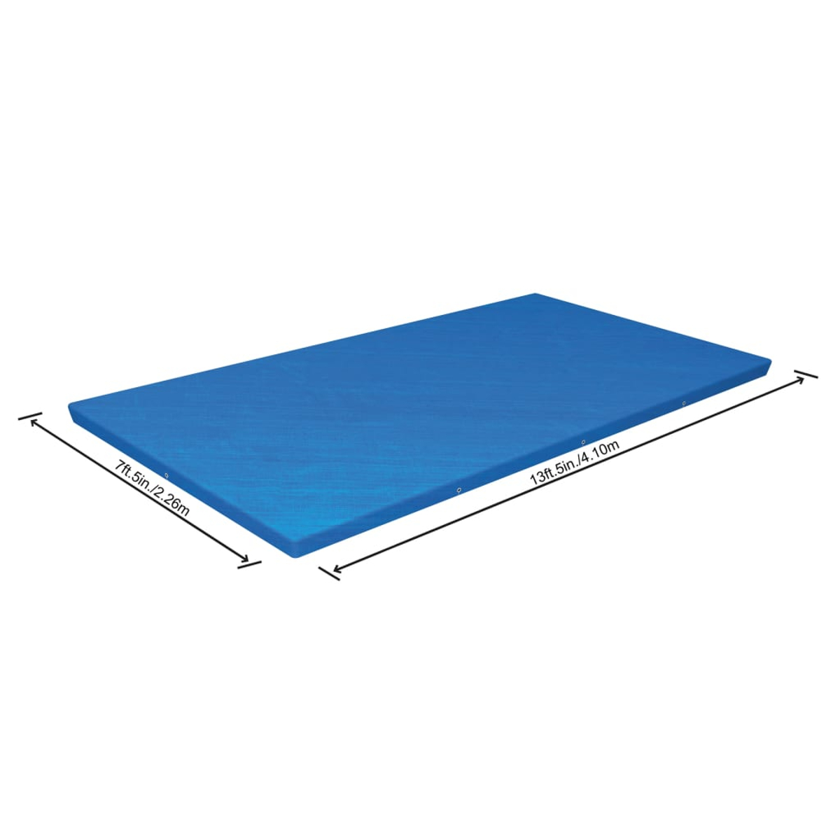 Blaues rechteckiges Mat. Maße: 7ft.5in./2,26m x 13ft.5in./4,10m. Auf weißem Hintergrund isoliert. Pfeile zeigen die Abmessungen.