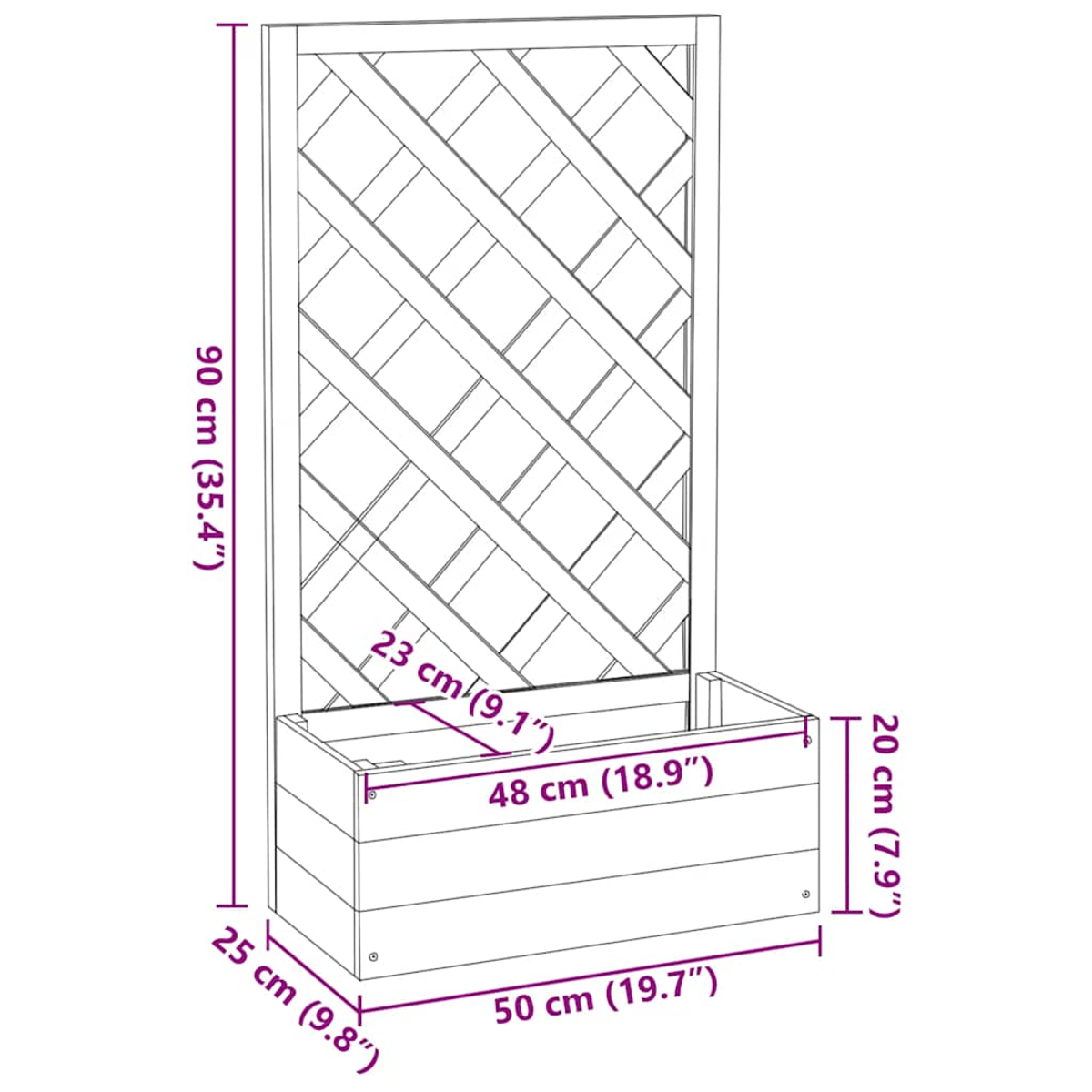 Ein Holzpflanzer mit Gitterrückwand, Abmessungen in cm und Zoll angegeben. Die Pflanzkasten ist rechteckig.