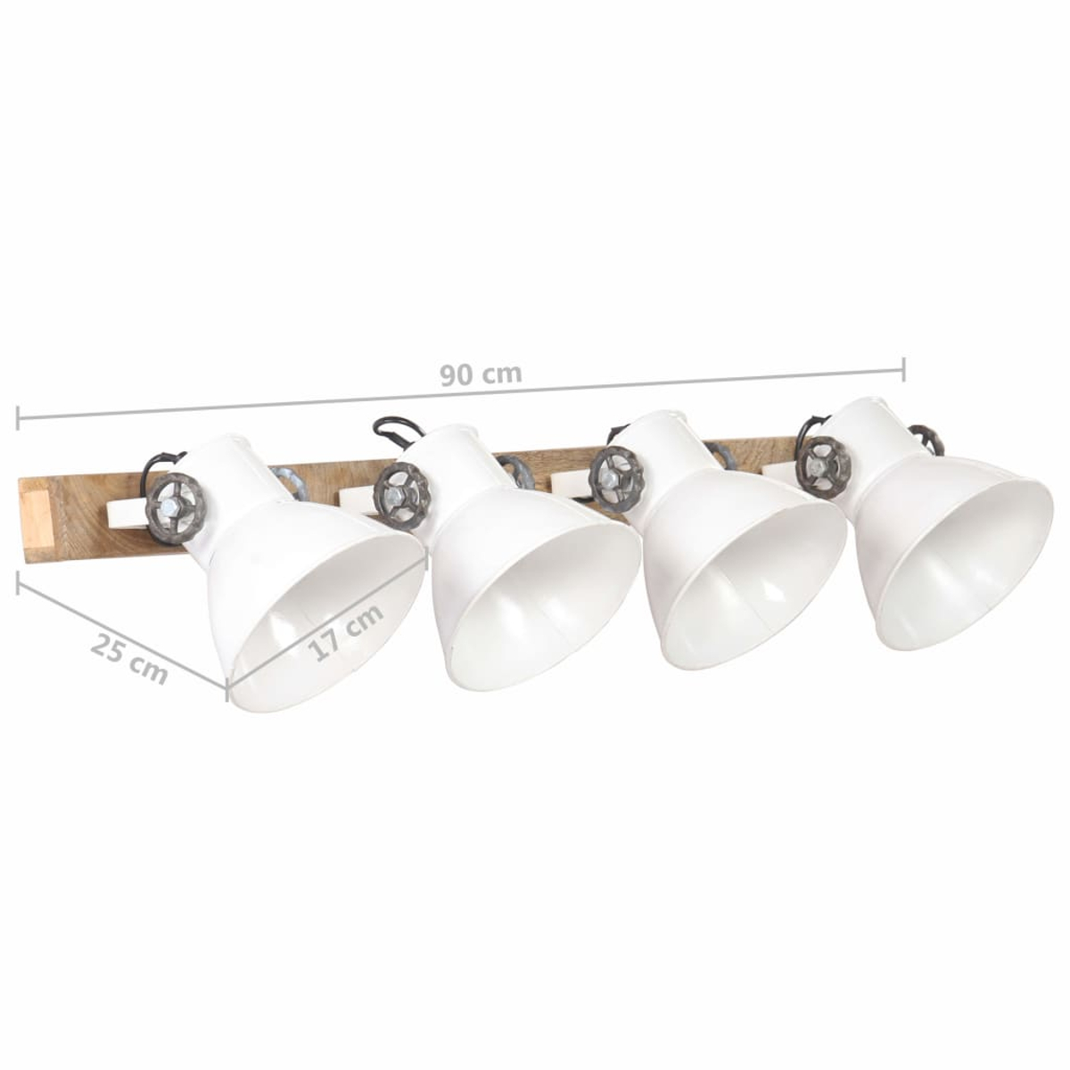 Vier weiße Strahler auf einer Holzplanke. Die Planke ist 90 cm lang und die Lampen sind 25 cm hoch und 17 cm breit.