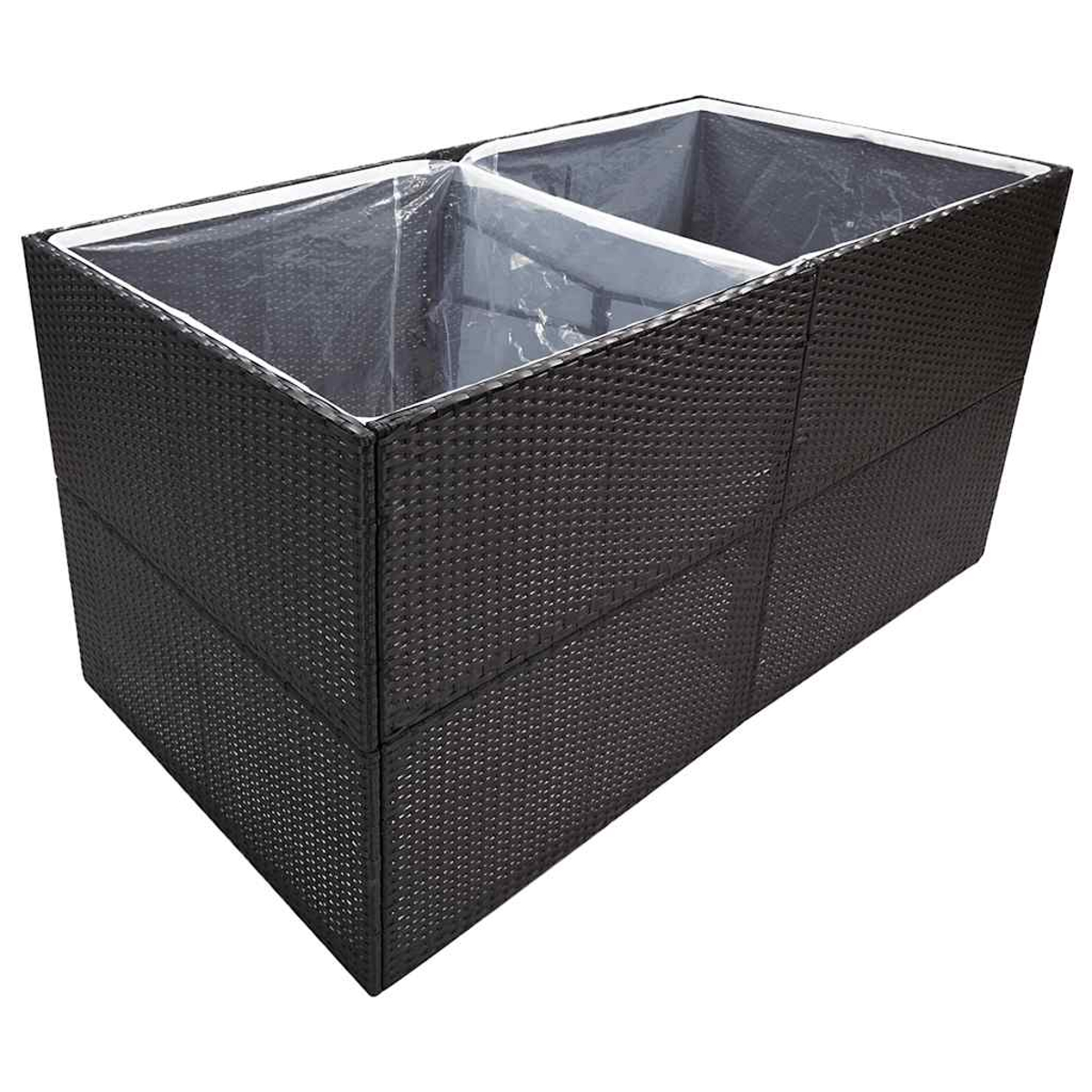 Ein rechteckiger, dunkelbrauner Weidenpflanzer mit zwei inneren Plastikeinsätzen. Der Pflanzer ist leer und steht auf einer weißen Oberfläche.