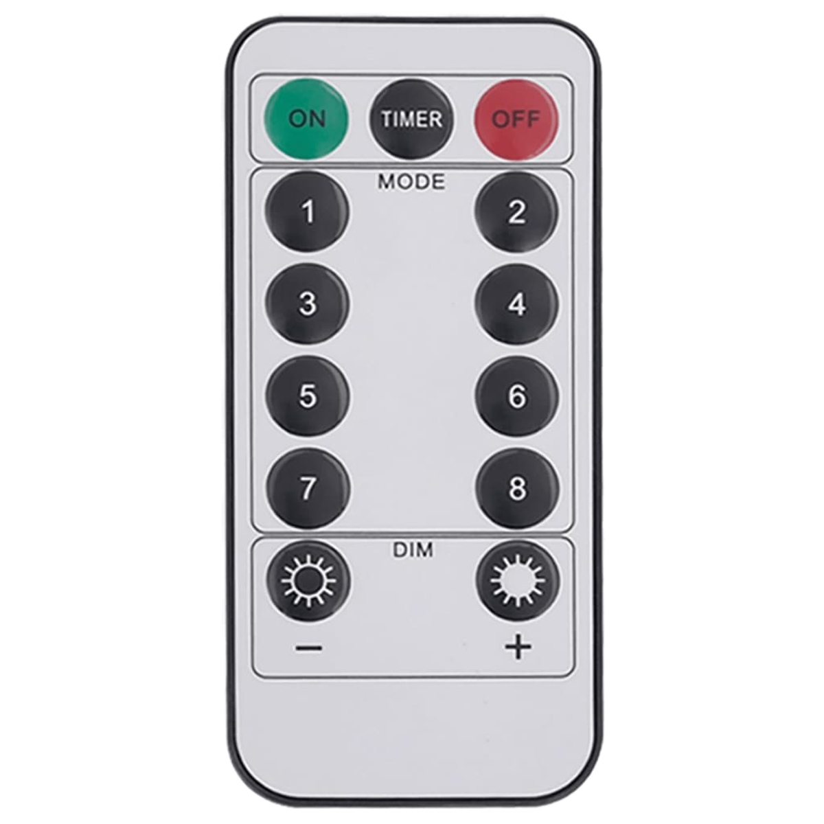 Fernbedienung mit Tasten für EIN, AUS, Zahlen 1-8, Modus, Timer und Dimmsteuerung.