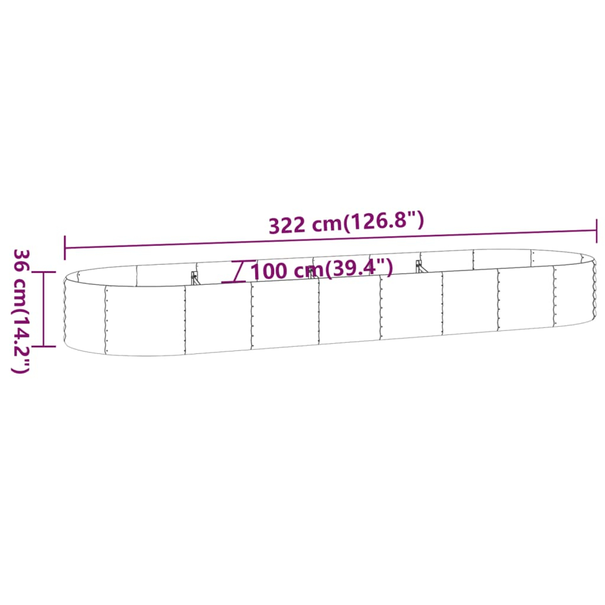 Eine ovale, segmentierte Struktur mit den Maßen: 322 cm (126,8") lang, 100 cm (39,4") breit und 36 cm (14,2") hoch.