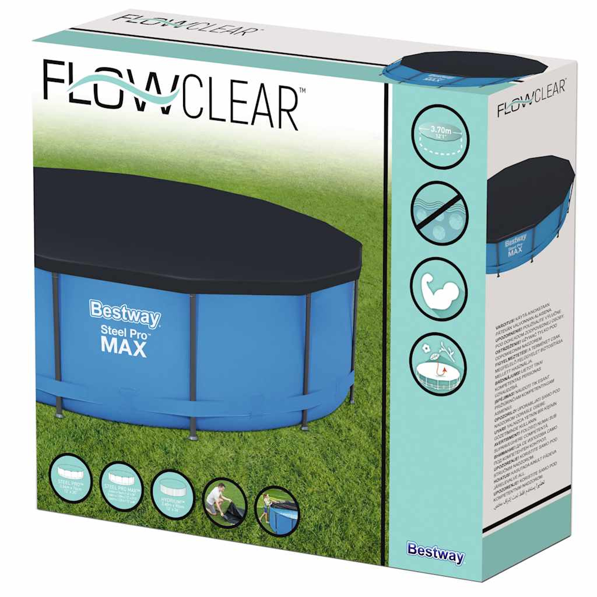 Die Box zeigt einen blauen Pool mit schwarzer Abdeckung, die Marke ist Bestway. Grünes Gras im Hintergrund.
