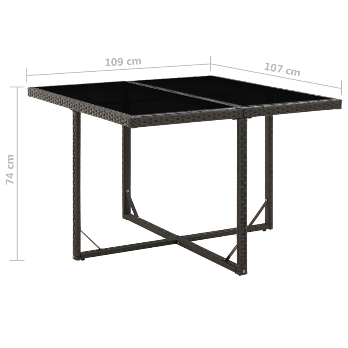 Ein quadratischer Outdoor-Tisch mit dunkler Oberfläche und Beinen im Korbstil. Abmessungen sind beschriftet: 109 cm, 107 cm und 74 cm.