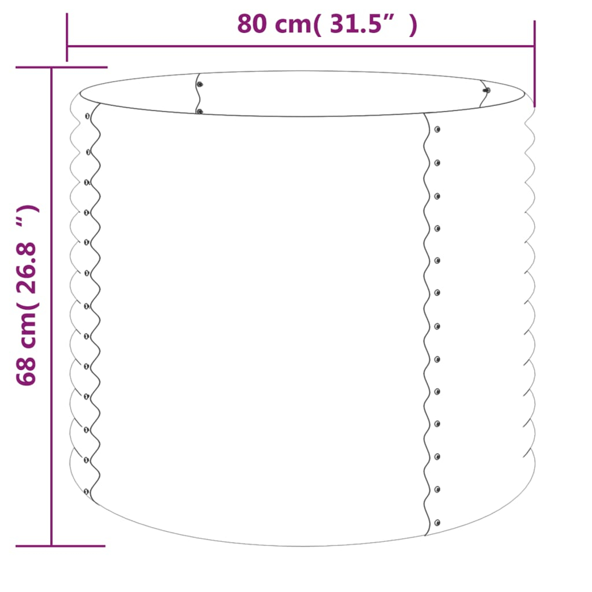 Diagramm eines weißen zylindrischen Objekts mit den Maßen: 80 cm breit und 68 cm hoch. Es hat einen wellenförmigen Rand und kleine Kreise.