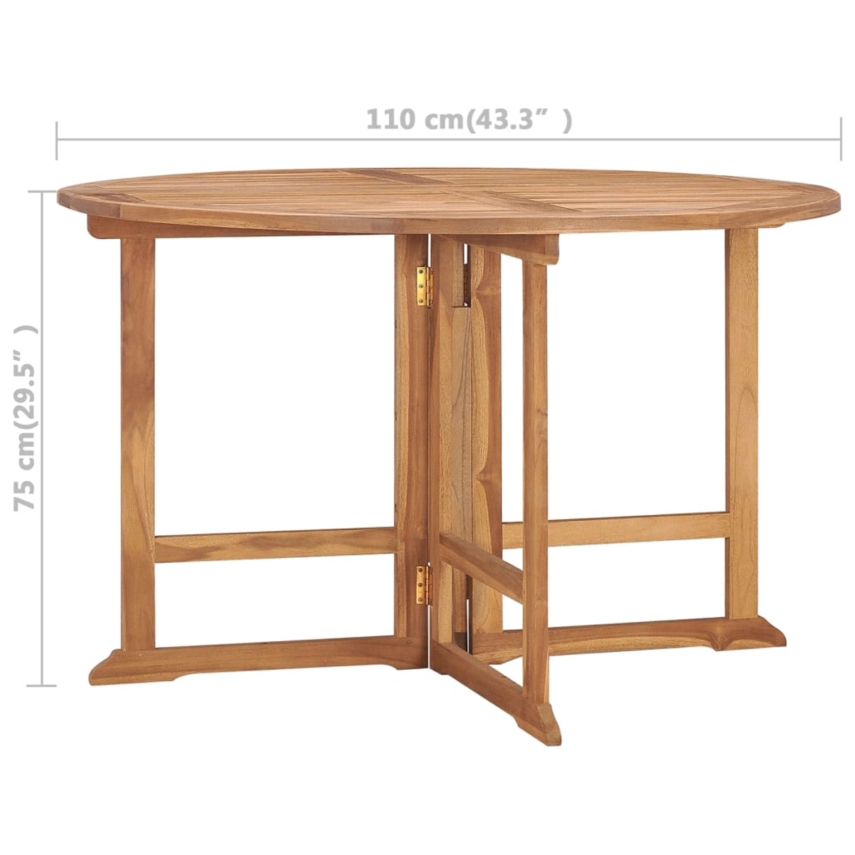 Ein klappbarer Holztisch mit angegebenen Abmessungen. Der Tisch ist braun, die Beine sind sichtbar, vor weißem Hintergrund.