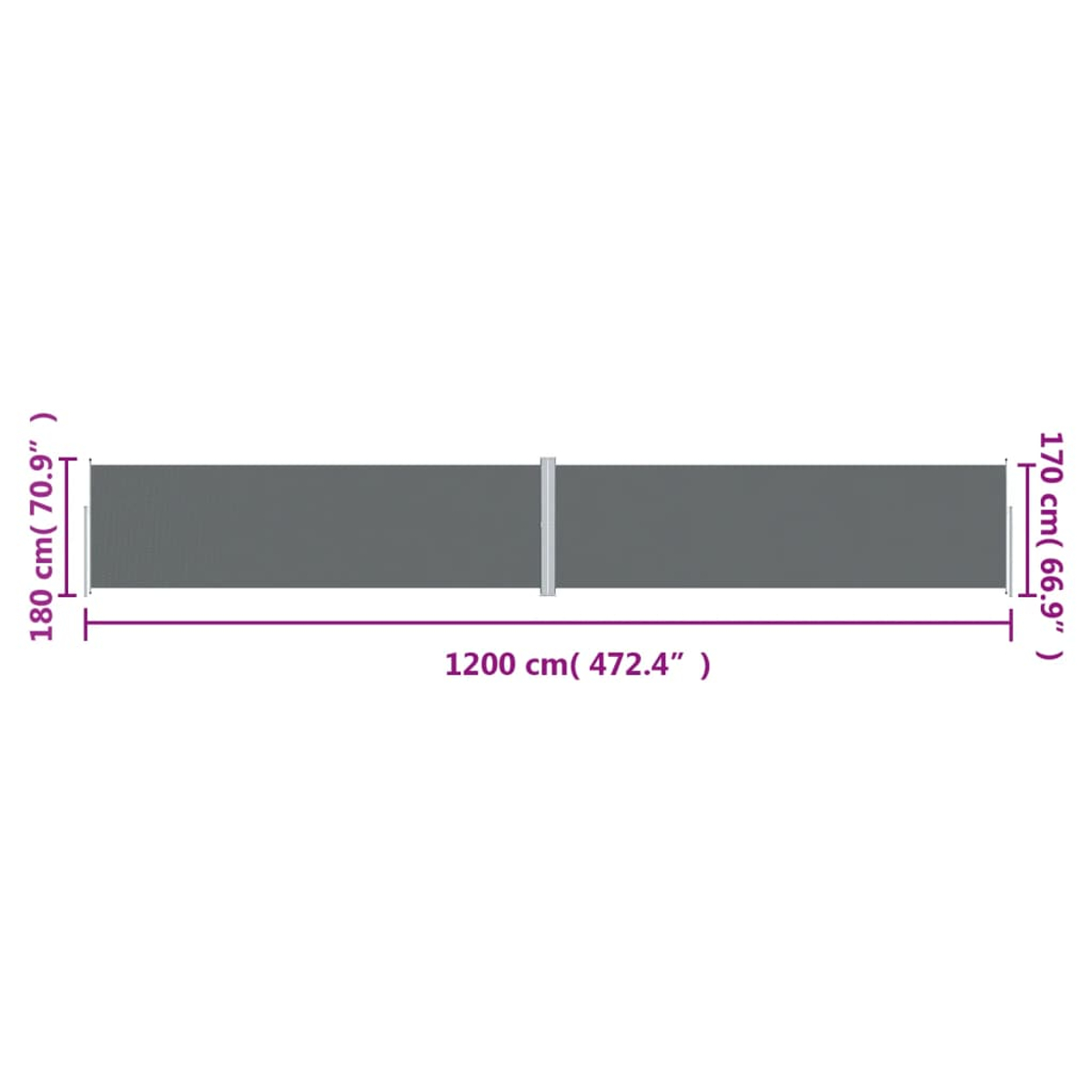 Draufsicht auf eine graue Outdoor-Leinwand. Es hat Messungen beschriftet, einschließlich der Länge von 1200 cm und Höhen von 180 cm und 170 cm.