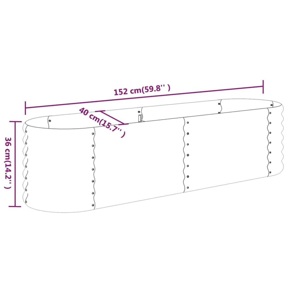 Diagramm eines langen, oval geformten Pflanzgefäßes. Maße: 152 cm lang, 36 cm hoch, 40 cm breit. Beschriftet mit Maßen in cm und Zoll.