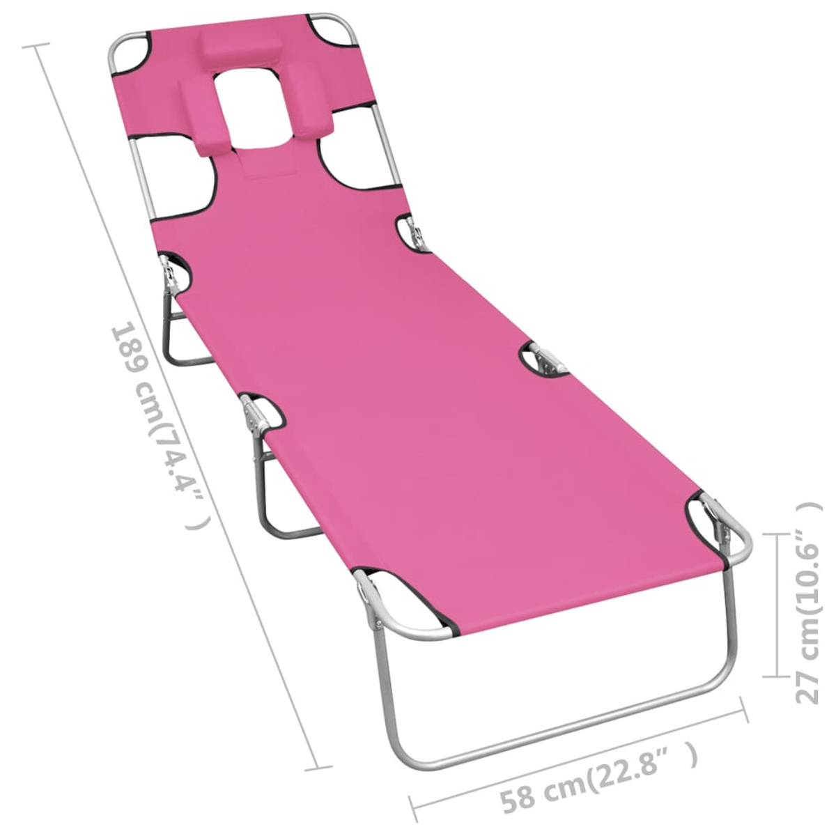 Eine rosa Sonnenliege mit silbernem Metallrahmen, Abmessungen beschriftet. Sie hat eine Kopfstütze und ist angewinkelt, mit Längen-, Breiten- und Höhenangaben.