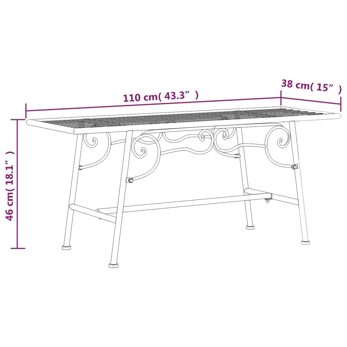 Ein Metalltisch mit rechteckiger Tischplatte, getragen von dekorativen Beinen. Abmessungen: 110cm x 38cm x 46cm.