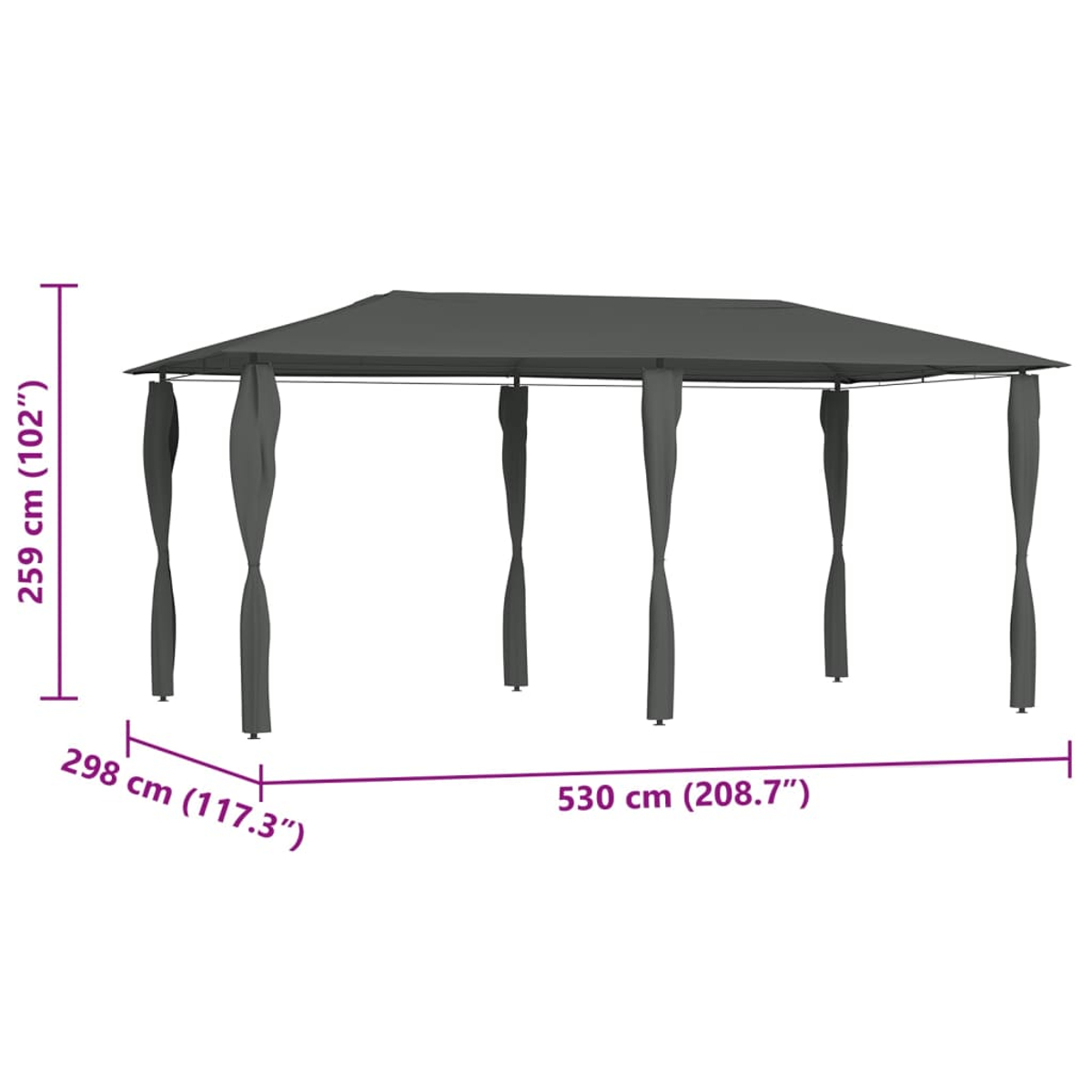 Ein grauer Pavillon mit Vorhängen. Abmessungen: Höhe 259 cm, Breite 298 cm, Länge 530 cm.