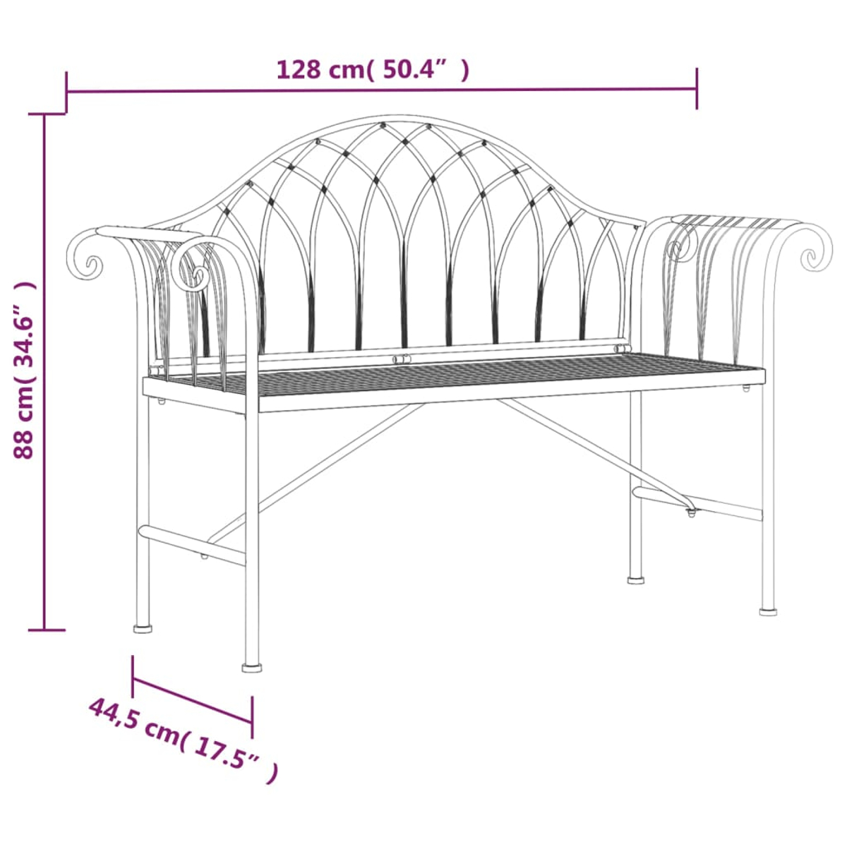 Una panca in metallo bianco con dimensioni indicate. Ha schienale e braccioli decorativi. Misure: 128 cm (50.4"), 88 cm (34.6"), 44.5 cm (17.5").