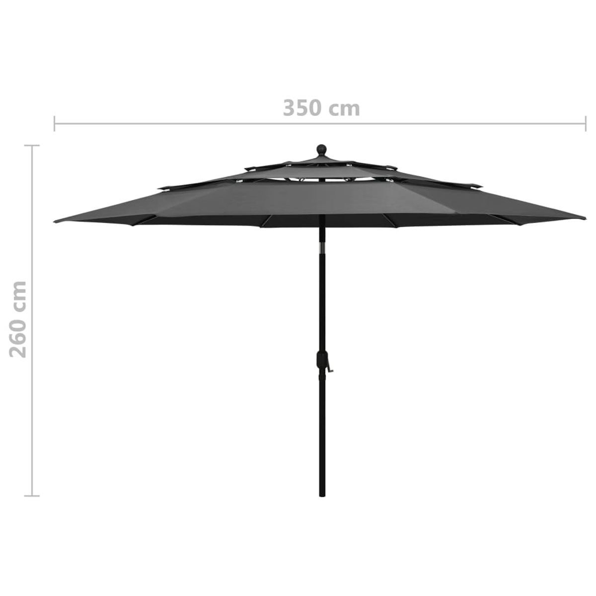 Ein großer, offener, grauer Sonnenschirm mit 350 cm Breite und 260 cm Höhe ist vor weißem Hintergrund zentriert. Maße sind markiert.