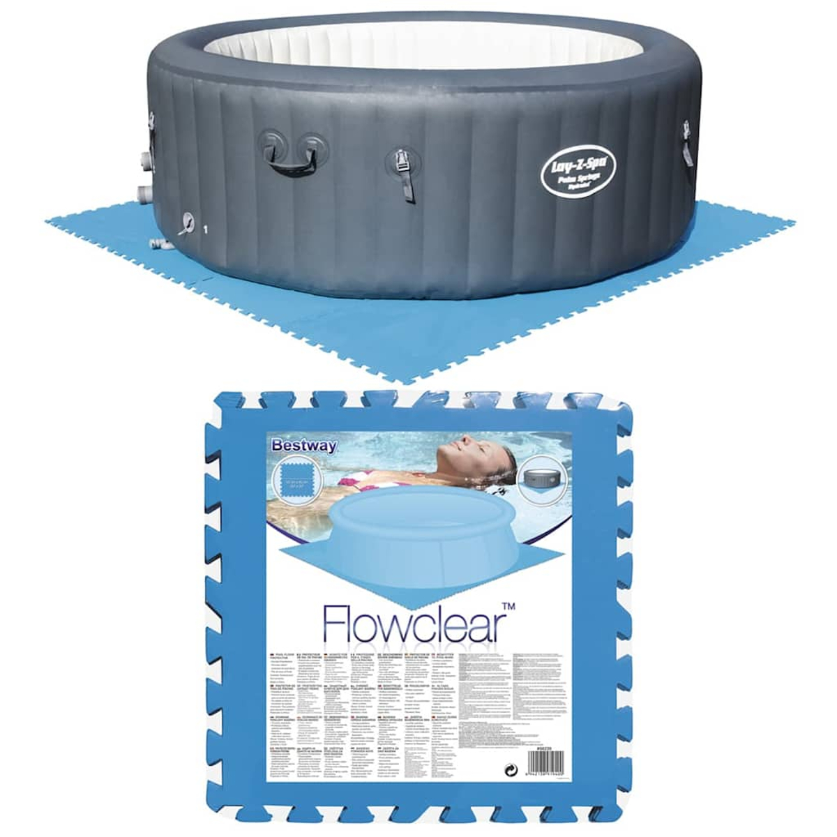 Ein grauer aufblasbarer Whirlpool steht auf blauen Puzzleteppichen. Darunter zeigt eine blaue Matte ein kleines Becken und eine Frau in einem größeren Becken.