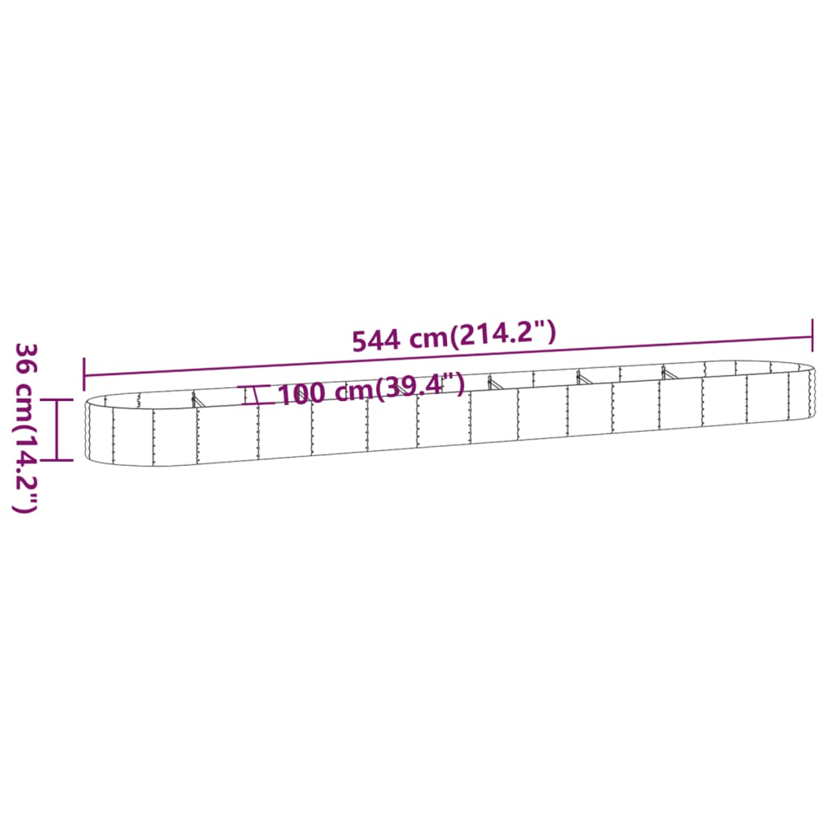 Ein Diagramm zeigt eine lange, rechteckige Struktur mit Abmessungen in Zentimetern und Zoll. Die Struktur ist in Abschnitte unterteilt.