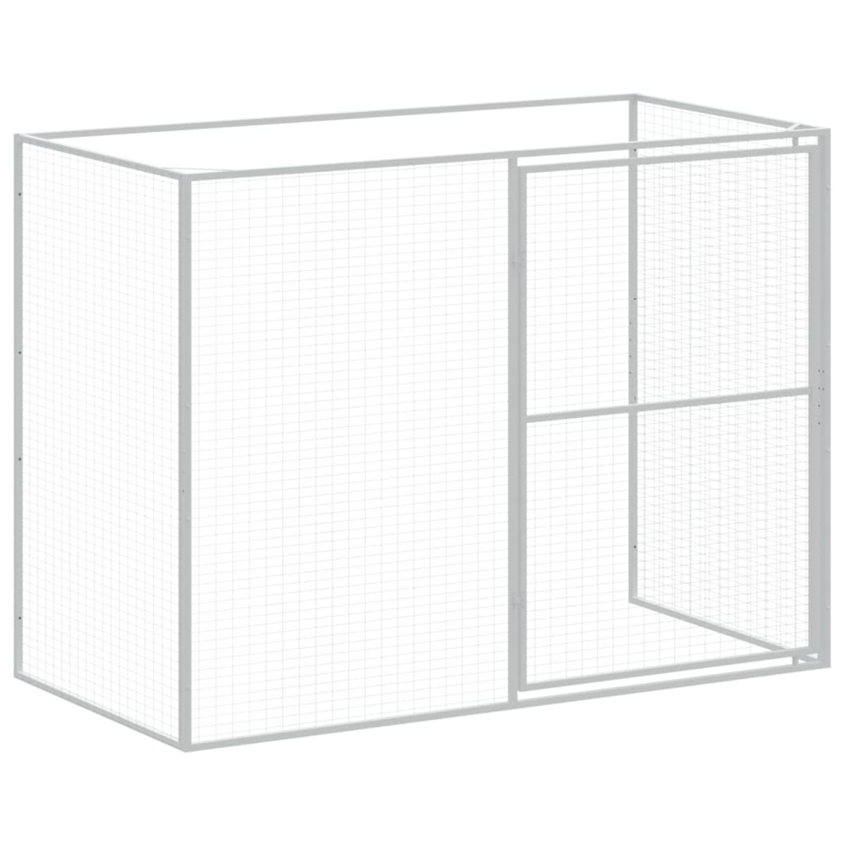 Ein grauer Metallkäfig mit Tür, gebaut aus Drahtgeflecht. Der Käfig ist leer und steht vor einem weißen Hintergrund.