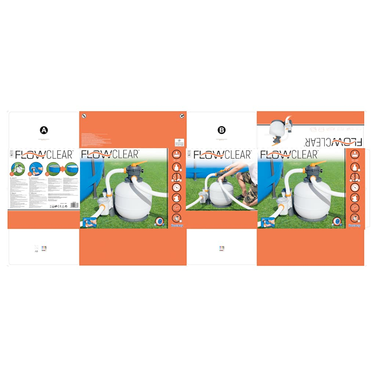 Eine Produktverpackung mit Anweisungen und Bildern eines Flowclear Sandfilters. Es zeigt den Filter, der mit einem Pool verbunden ist.