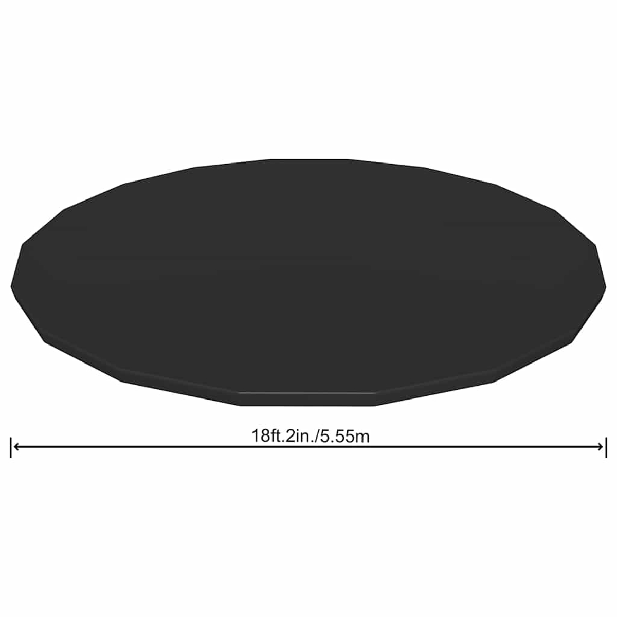 Ein schwarzes, ovales Objekt, das mit 18ft.2in./5,55m gekennzeichnet ist. Das Objekt befindet sich auf weißem Hintergrund.