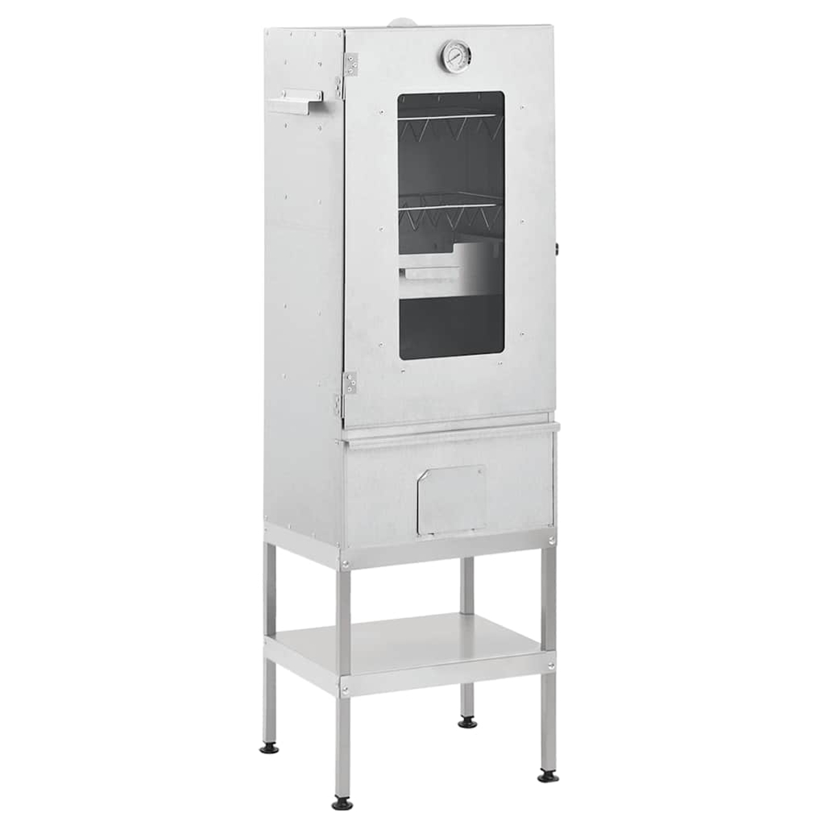 Un affumicatore in acciaio inossidabile con porta a vetri, termometro e vano portaoggetti inferiore. Poggia su un supporto metallico con ripiano.