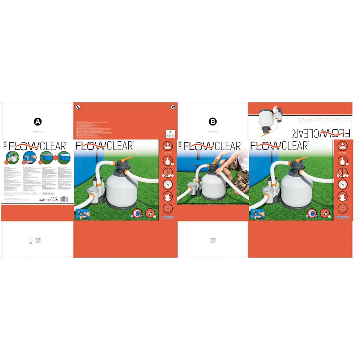 Das Bild zeigt ein Flowclear-Poolfiltersystem mit mehreren Tafeln, die das Produkt und seine Verwendung veranschaulichen. Das Design umfasst Diagramme.