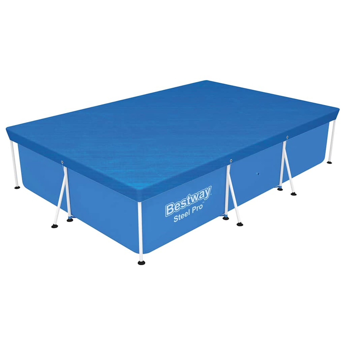 Ein rechteckiger Bestway Steel Pro Pool mit blauem Deckel. Weiße Beine stützen die blauen Seiten und den Deckel.