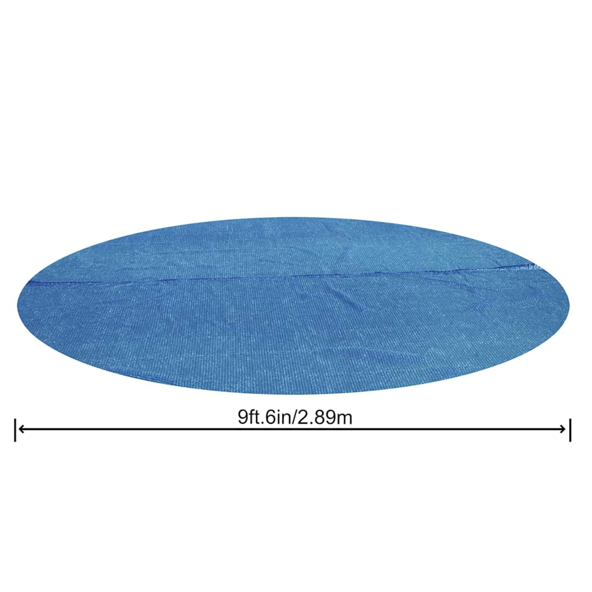 Eine blaue ovale Poolabdeckung wird vor einem weißen Hintergrund gezeigt. Unten ist ein Maß von 9 Fuß 6 Zoll / 2,89 m angegeben.