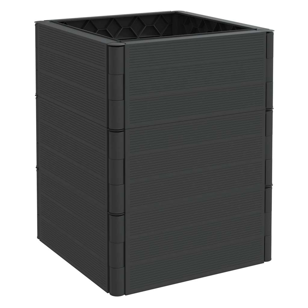 Ein schwarzer, quadratischer Komposteimer. Die Tonne hat horizontale Linien an den Seiten und ein Wabenmuster oben. Es ist leer.
