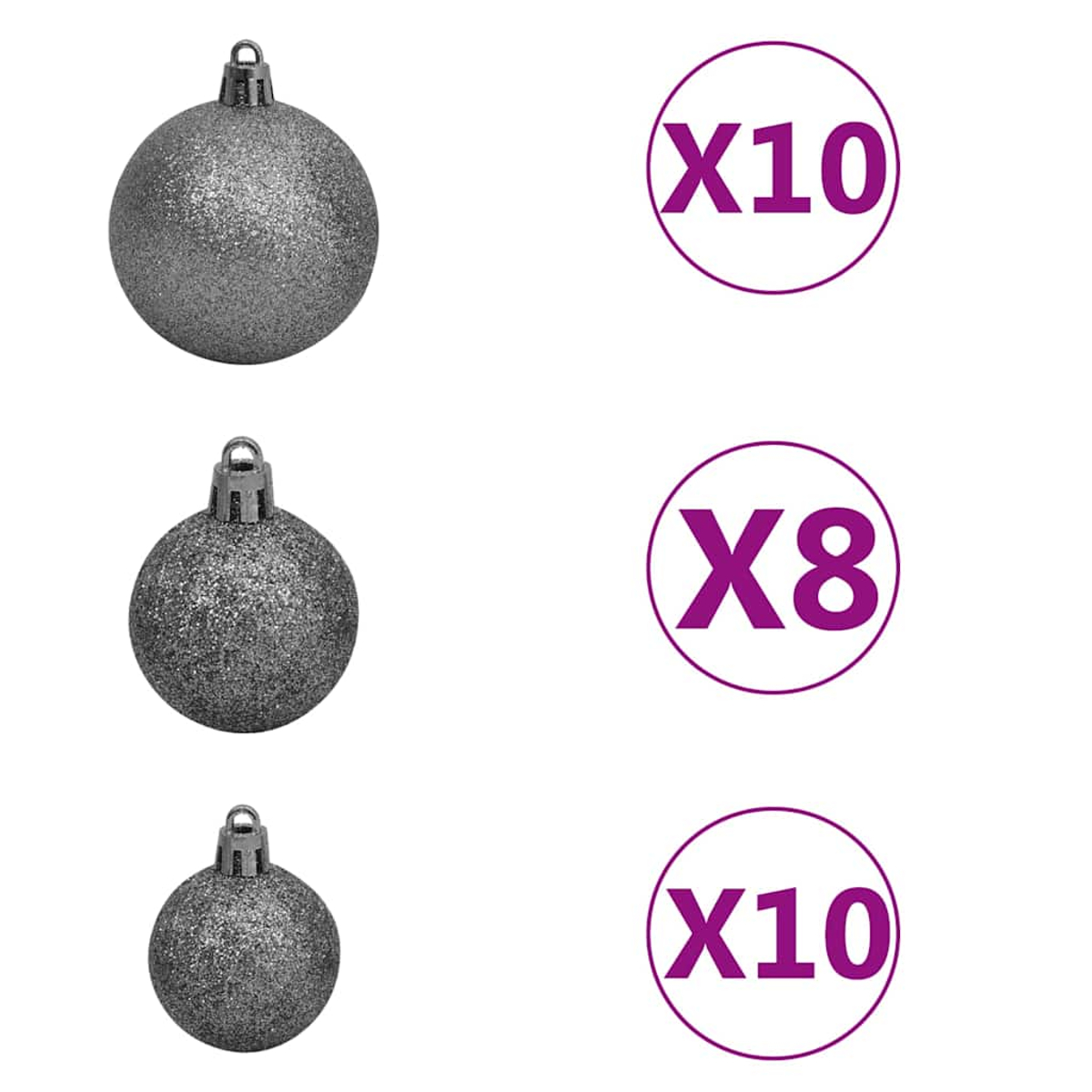 Drei silberne Weihnachtskugeln mit Glitzer. Zwei Kreise mit X10 und einer mit X8 befinden sich auf der rechten Seite.
