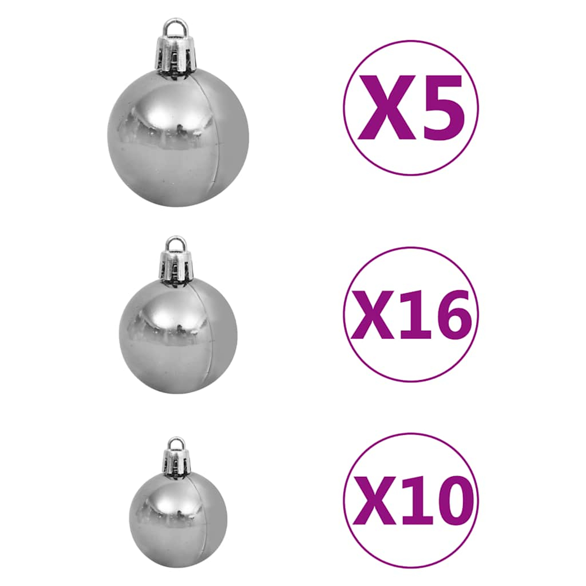 Drei silberne Weihnachtskugeln mit Metallkappen. Daneben Kreise mit lila Text: X5, X16 und X10, die die Menge angeben.