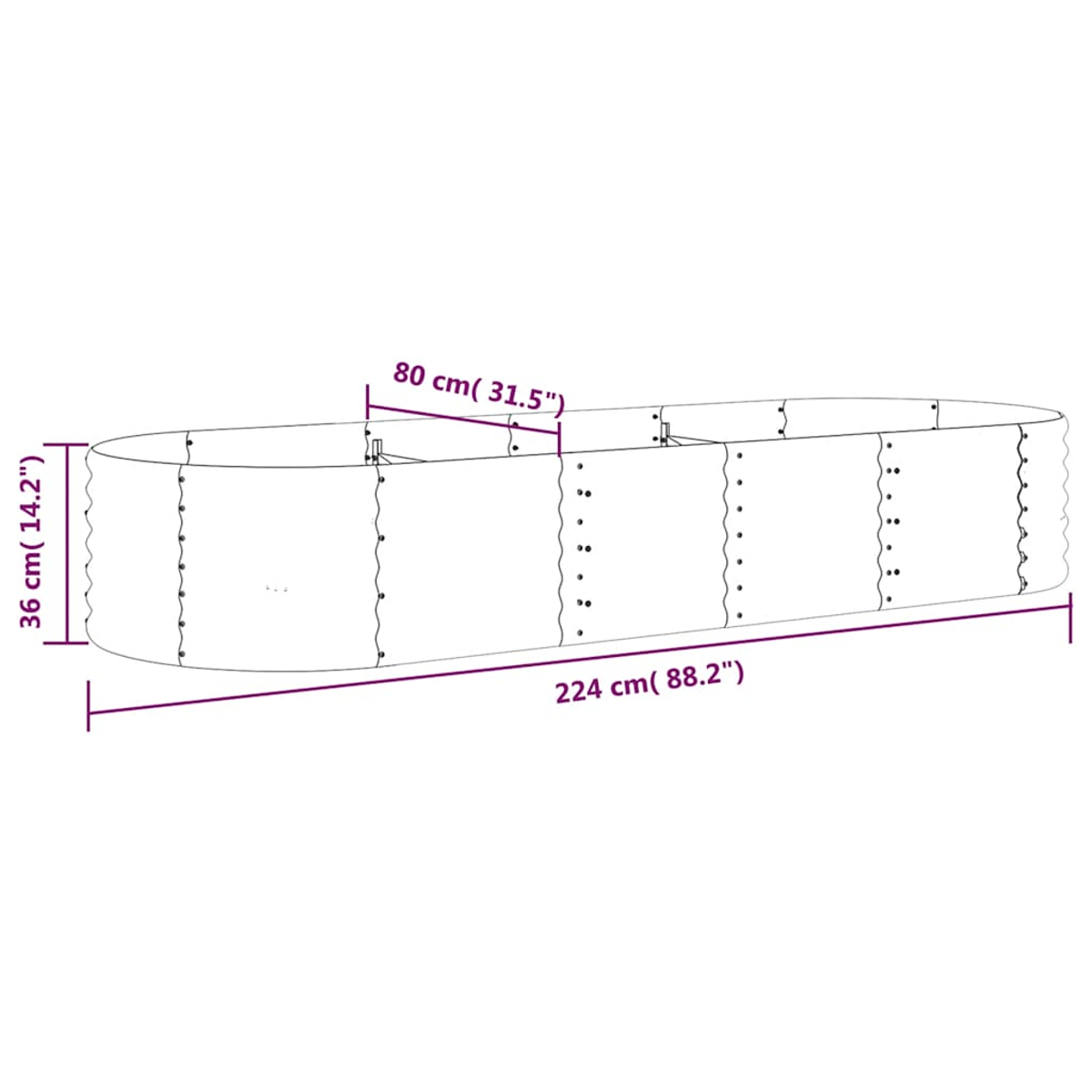Ein weißer, oval geformter Pflanzkübel mit den angegebenen Abmessungen: 224 cm (88,2") lang, 36 cm (14,2") hoch und 80 cm (31,5") breit.