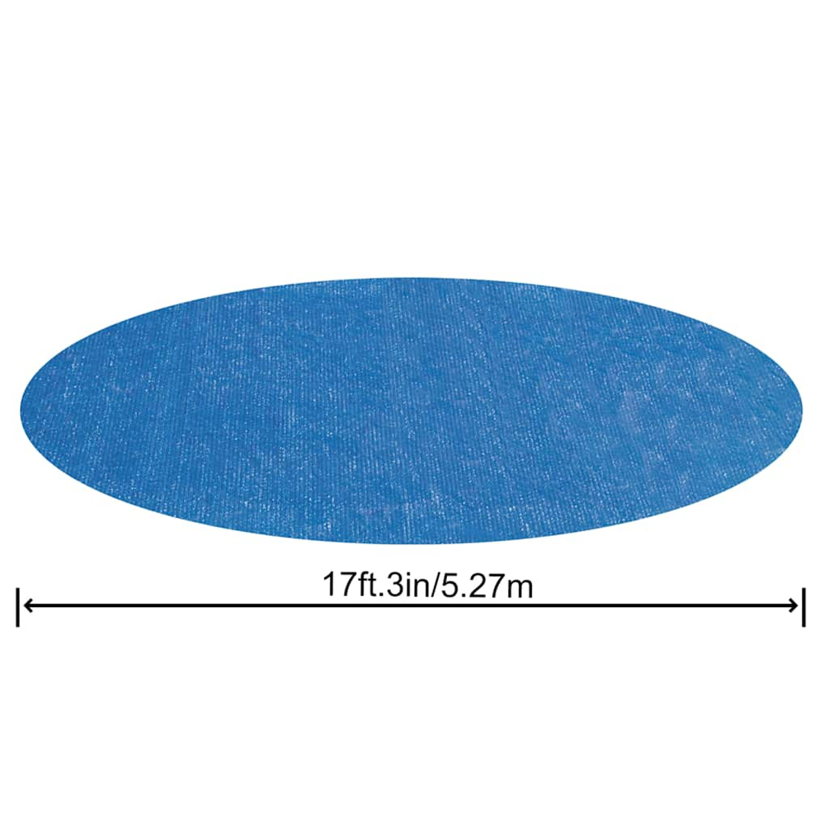Eine blaue ovale Poolabdeckung. Unter der Abdeckung wird ein Maß von 17ft.3in/5.27m angezeigt.