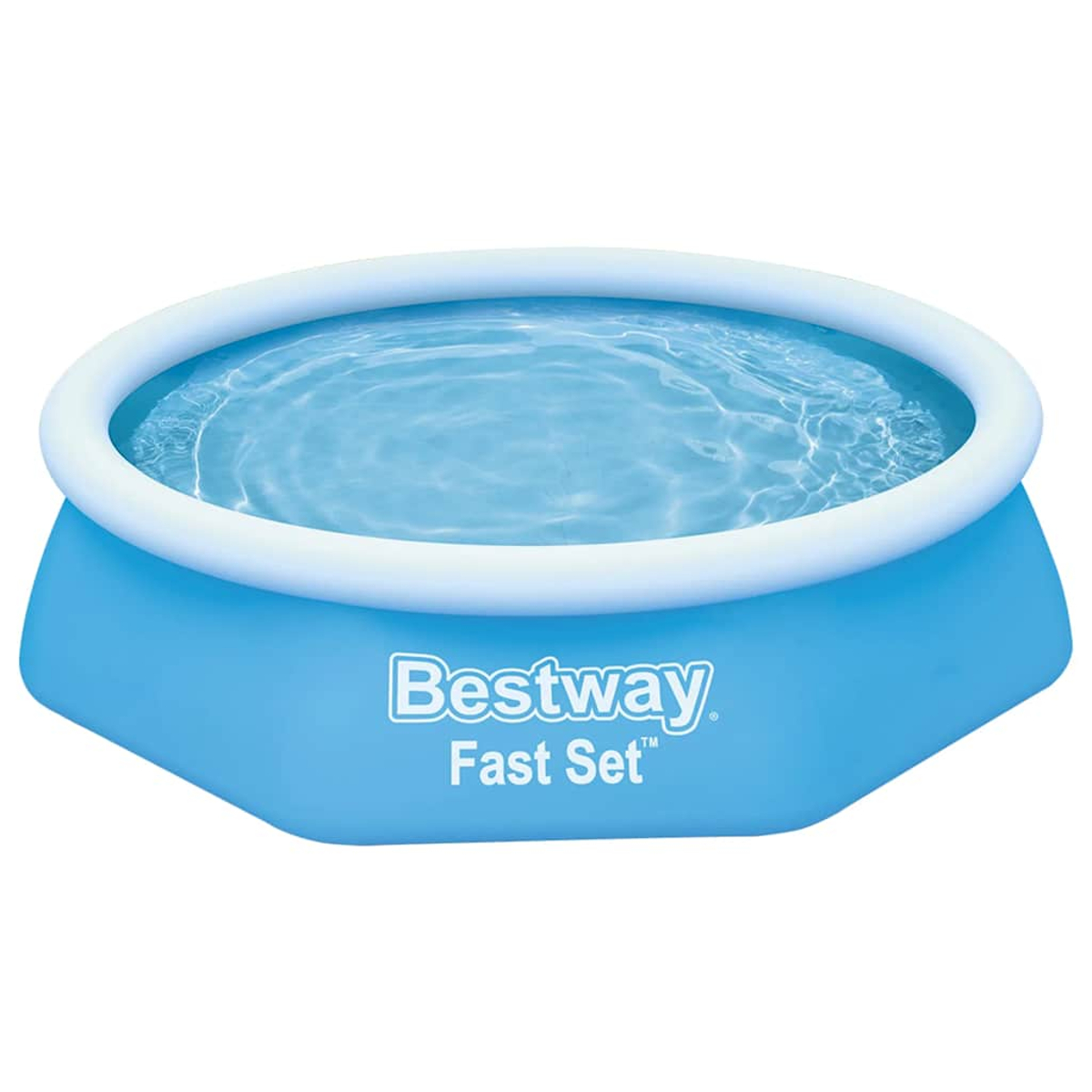 Ein blau-weißer aufblasbarer Bestway Fast Set Pool, der mit Wasser gefüllt ist. Der Pool ist rund und hat einen weißen oberen Rand.