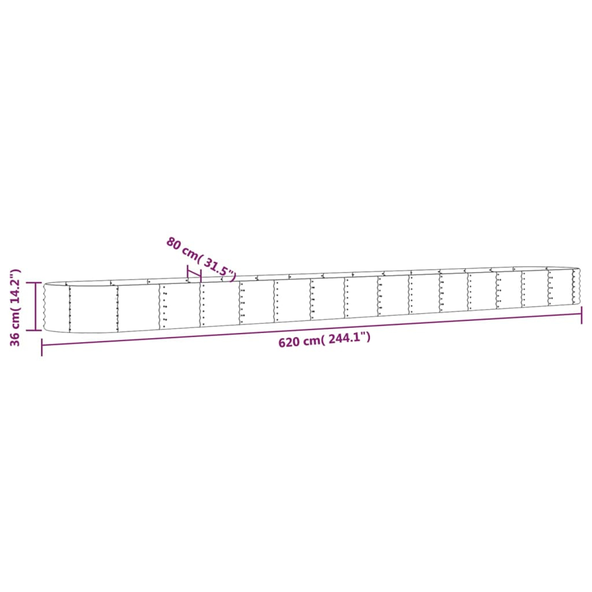 Diagramm mit den Abmessungen eines langen, rechteckigen Objekts. Das Objekt ist 620 cm lang, 36 cm hoch und 80 cm breit.