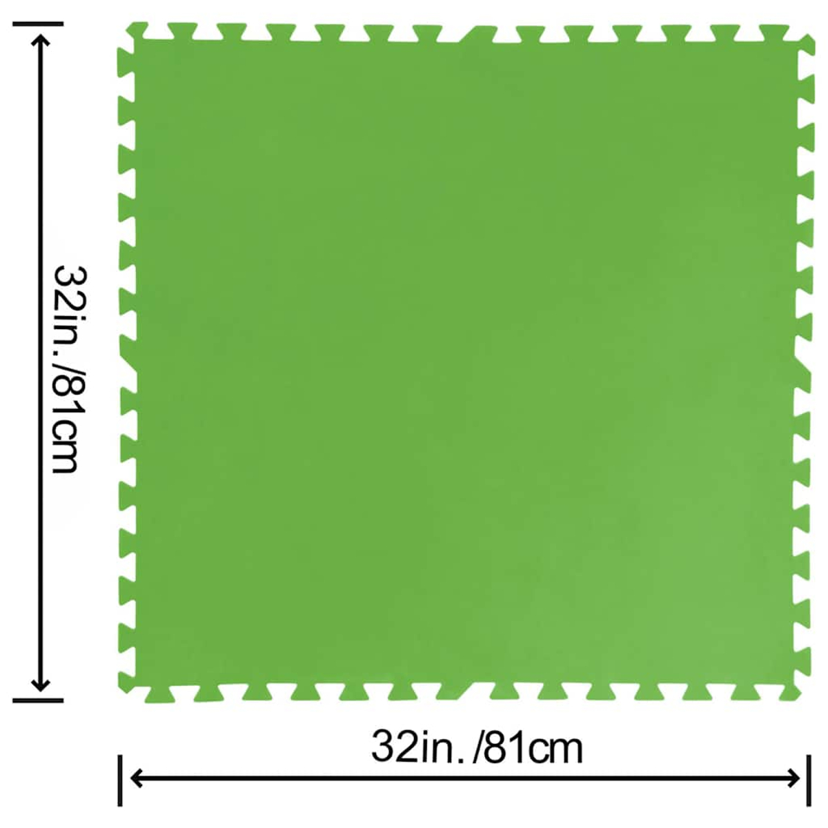 Eine quadratische, grüne, ineinandergreifende Schaumstoffmatte. Abmessungen sind 32 Zoll/81 cm. Pfeile zeigen die Größe an.