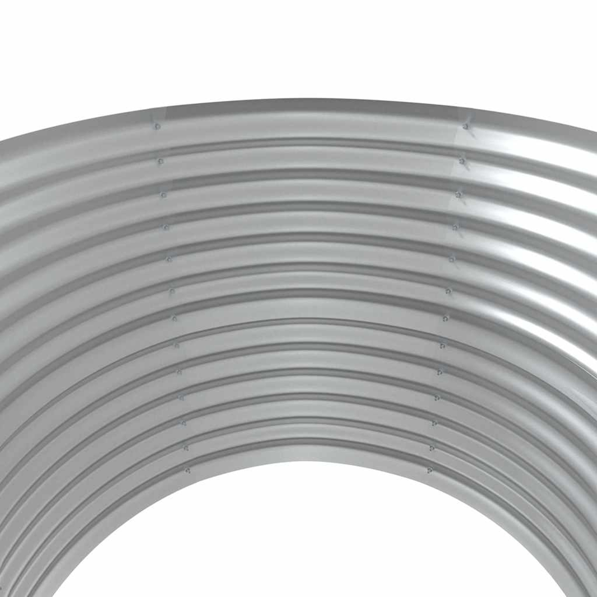 Ein gebogener Abschnitt einer wellblechähnlichen Metallstruktur, grau, mit Nieten oben.