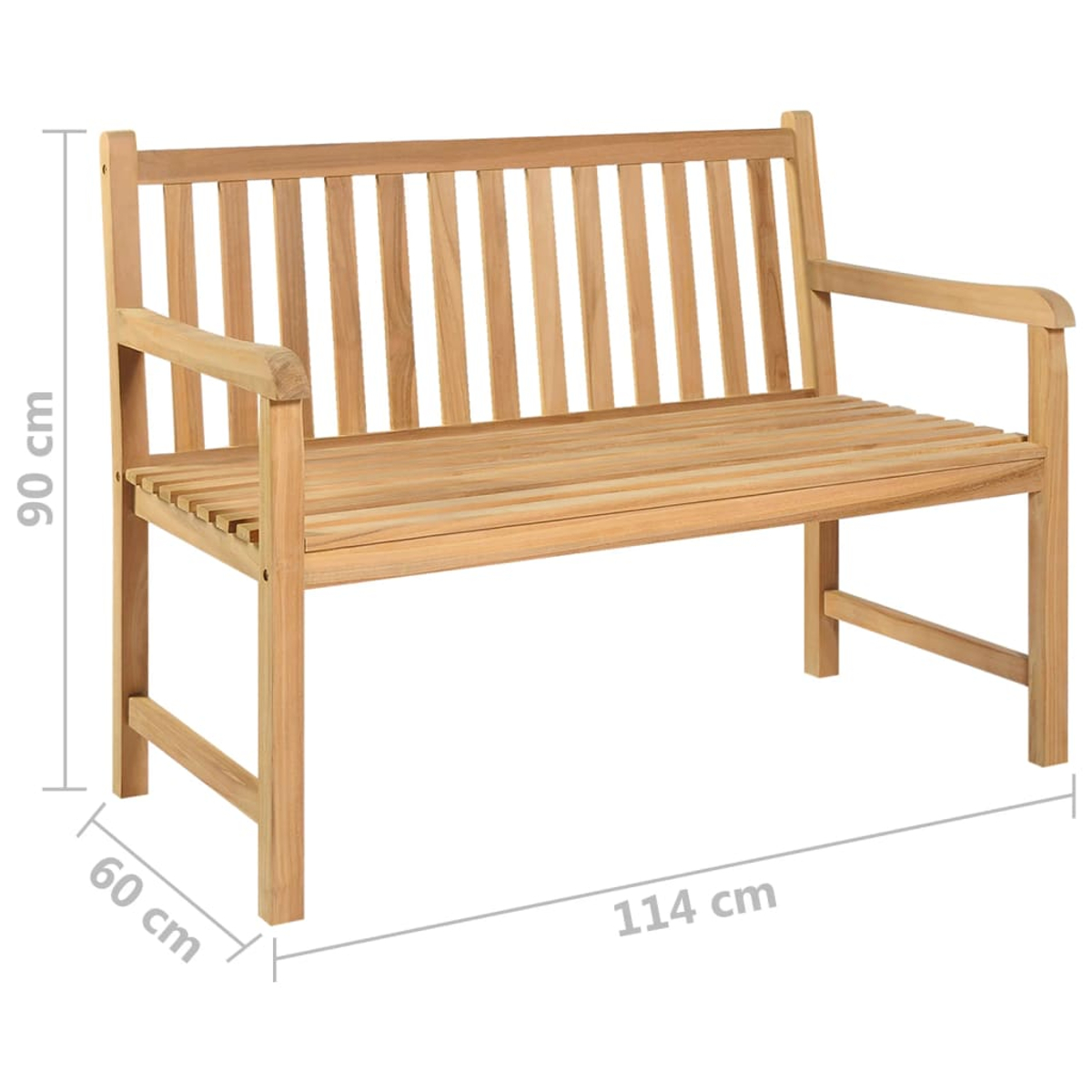 Eine Holzbank mit Armlehnen. Abmessungen: 114 cm lang, 90 cm hoch, 60 cm tief. Die Bank besteht aus hellbraunem Holz, Lamellendesign.