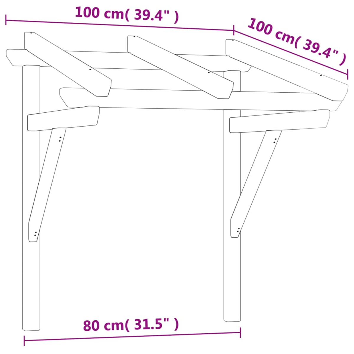 Holzpergola-Struktur mit beschrifteten Abmessungen. Beinhaltet Pfosten, Balken und abgewinkelte Stützen. Maße in cm und Zoll.