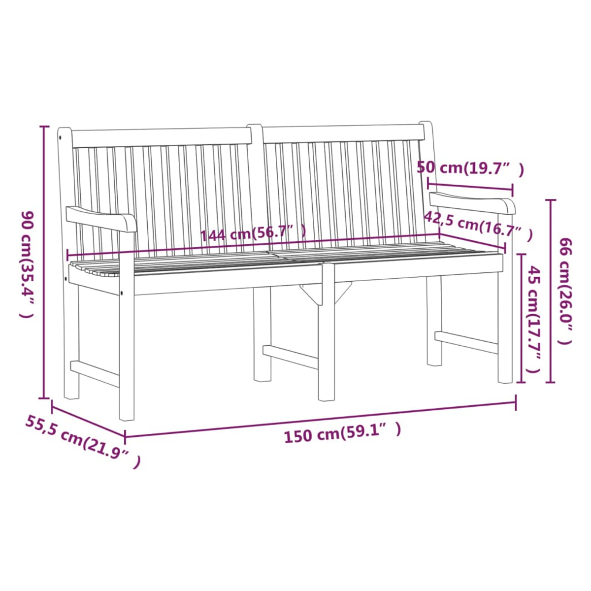 Eine Holzbank mit Maßangaben: 150 cm lang, 90 cm hoch und 55,5 cm tief. Enthält Armlehnen und Rückenlehne.