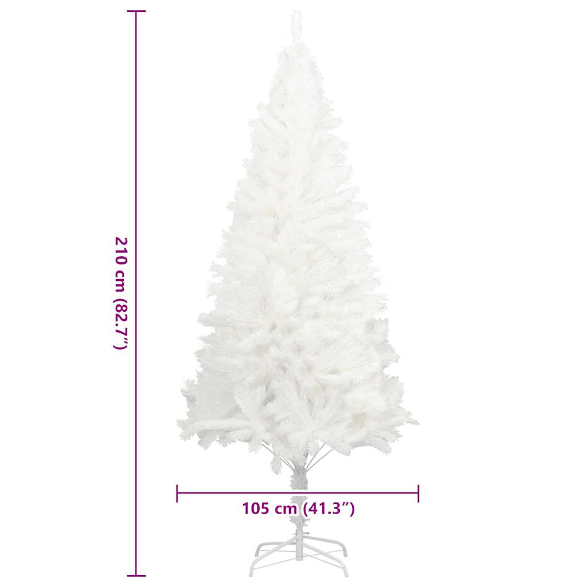Ein weißer Weihnachtsbaum auf einem Ständer. Die Abmessungen sind 210 cm (82,7") hoch und 105 cm (41,3") breit.