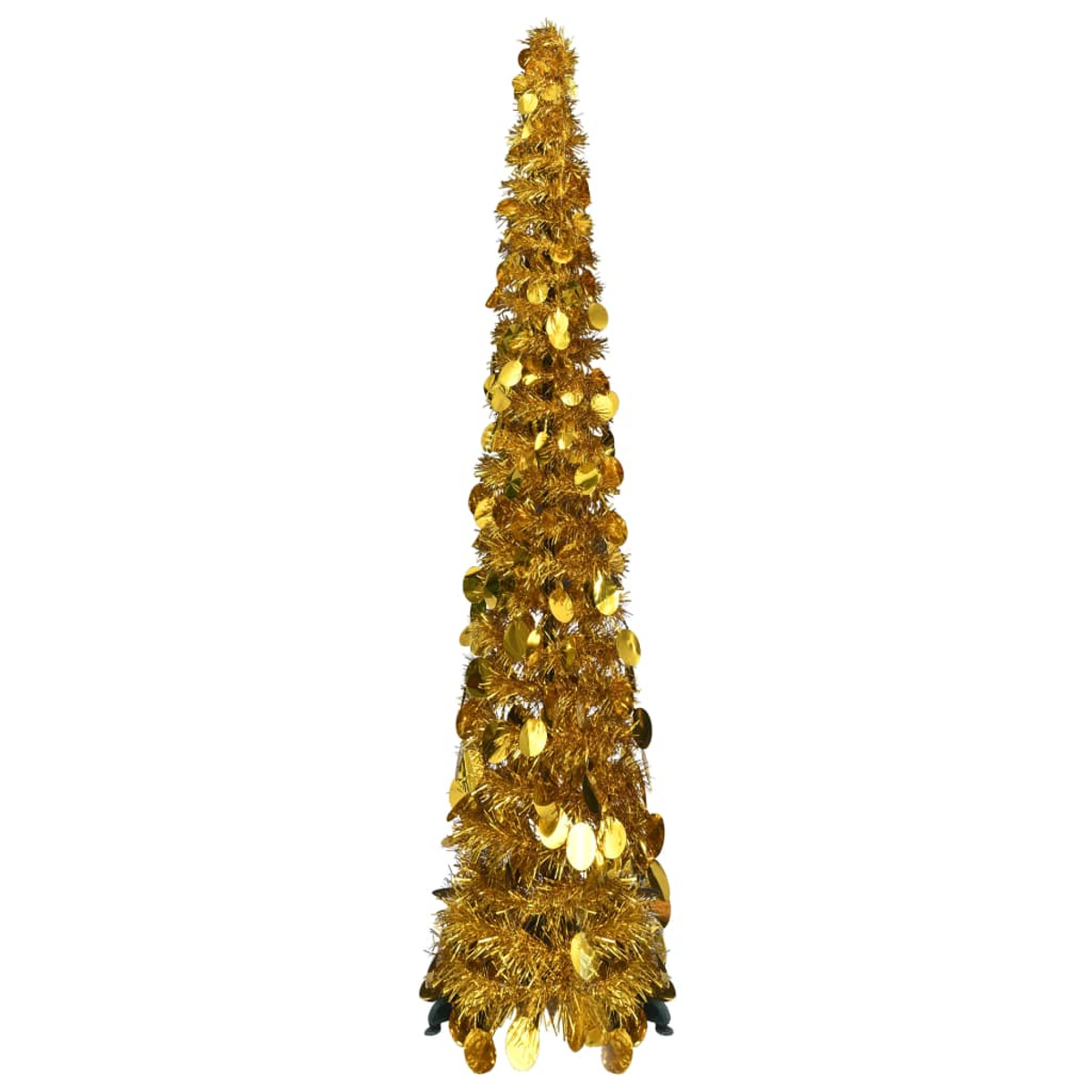 Ein hoher, goldener, künstlicher Weihnachtsbaum. Er hat Lametta und große, runde Pailletten. Der Baum steht auf einem schwarzen Sockel.