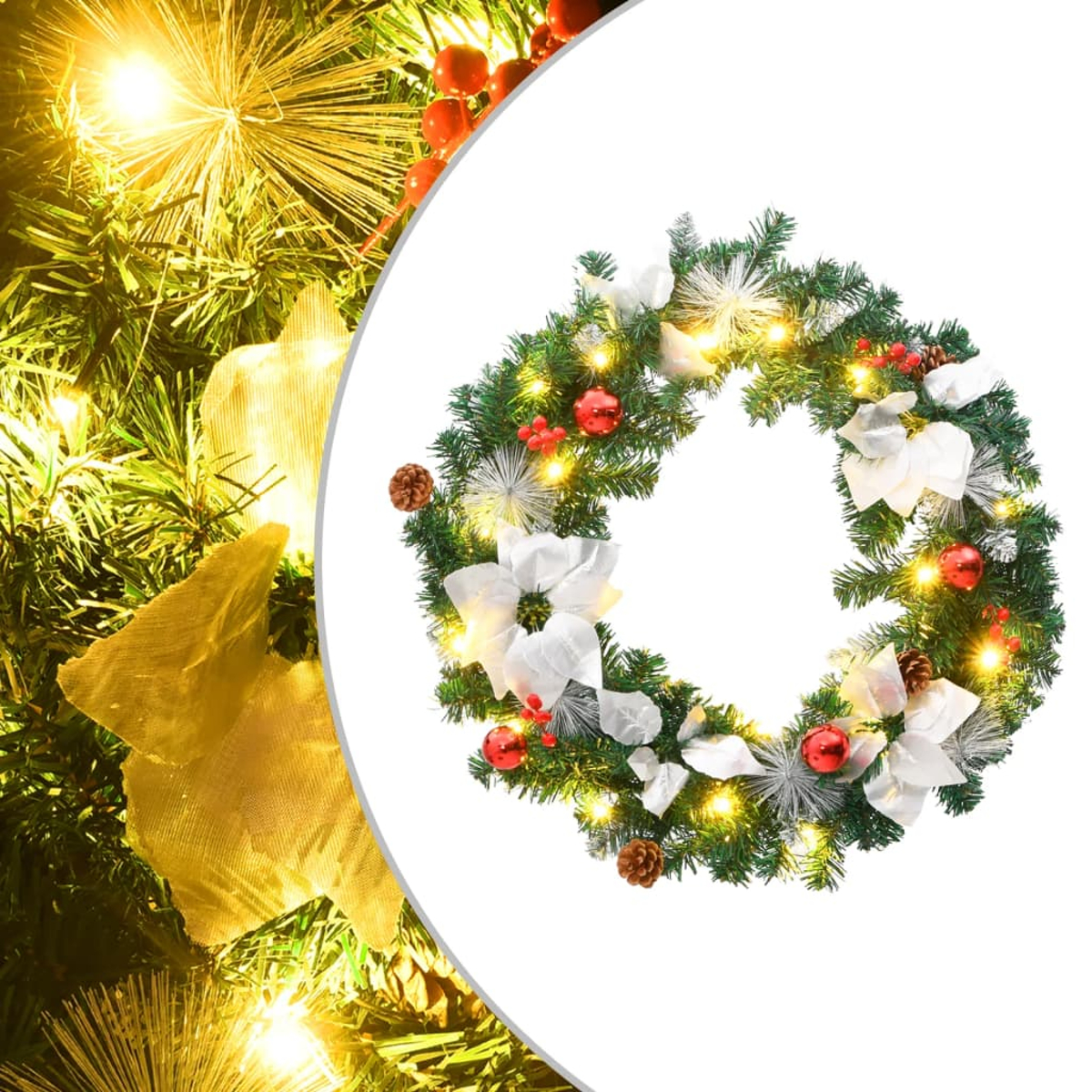 Ein Weihnachtskranz mit weißen Blumen, roten Ornamenten und Lichtern. Einige Tannenzapfen und Sterne sind ebenfalls zu sehen.