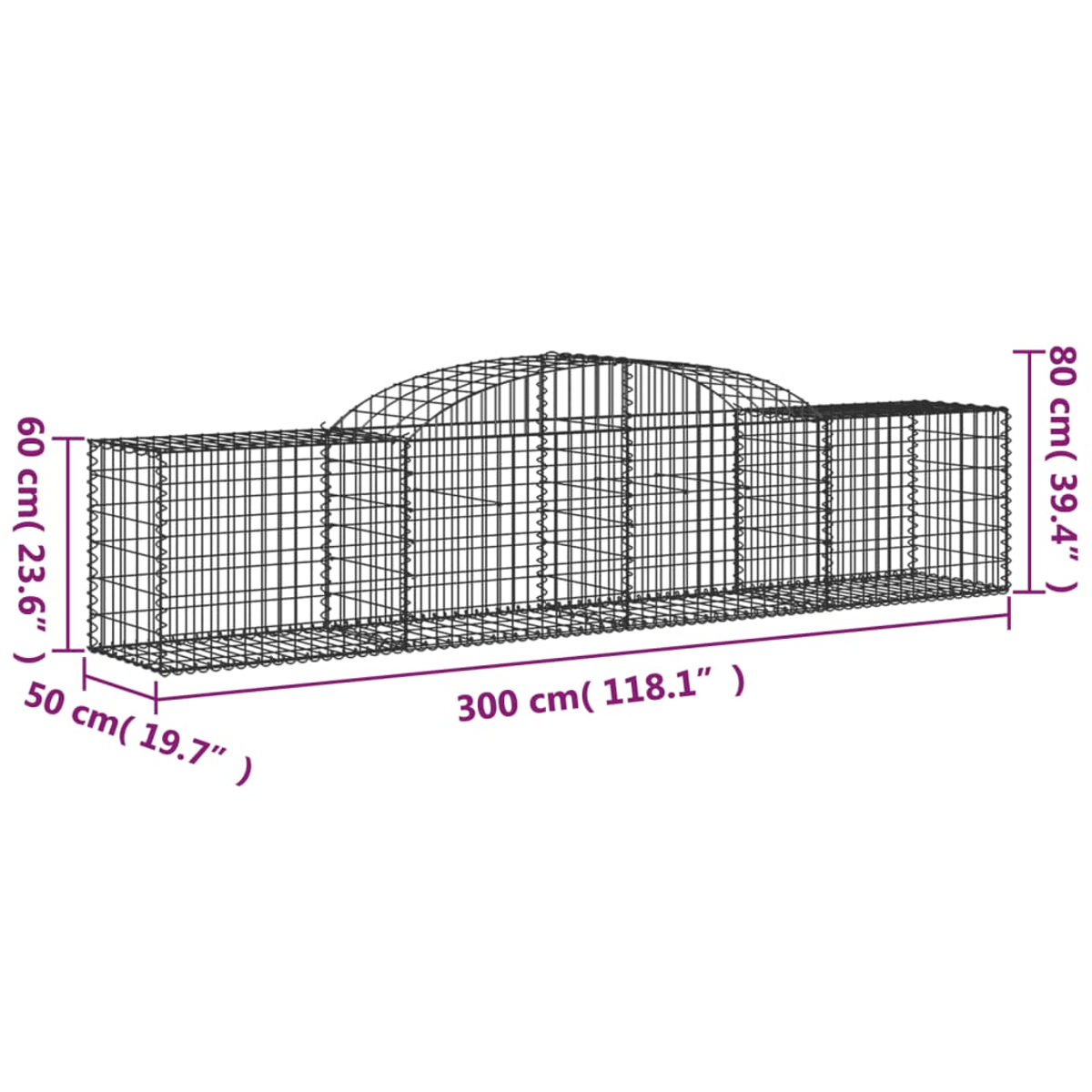 Eine Drahtgitterstruktur. Sie hat eine rechteckige Form mit einem gewölbten Mittelteil. Abmessungen sind beschriftet: 300 cm, 80 cm, 60 cm und 50 cm.