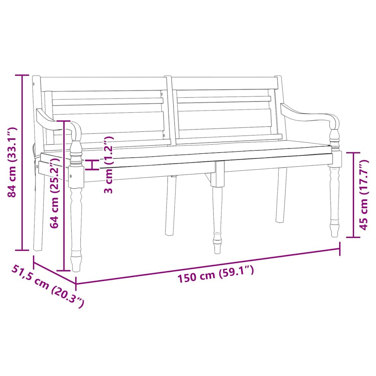 Eine Holzbank mit Armlehnen und Lattenrücken. Maße sind angegeben: 150 cm lang, 84 cm hoch, 51,5 cm tief und 45 cm Sitzhöhe.
