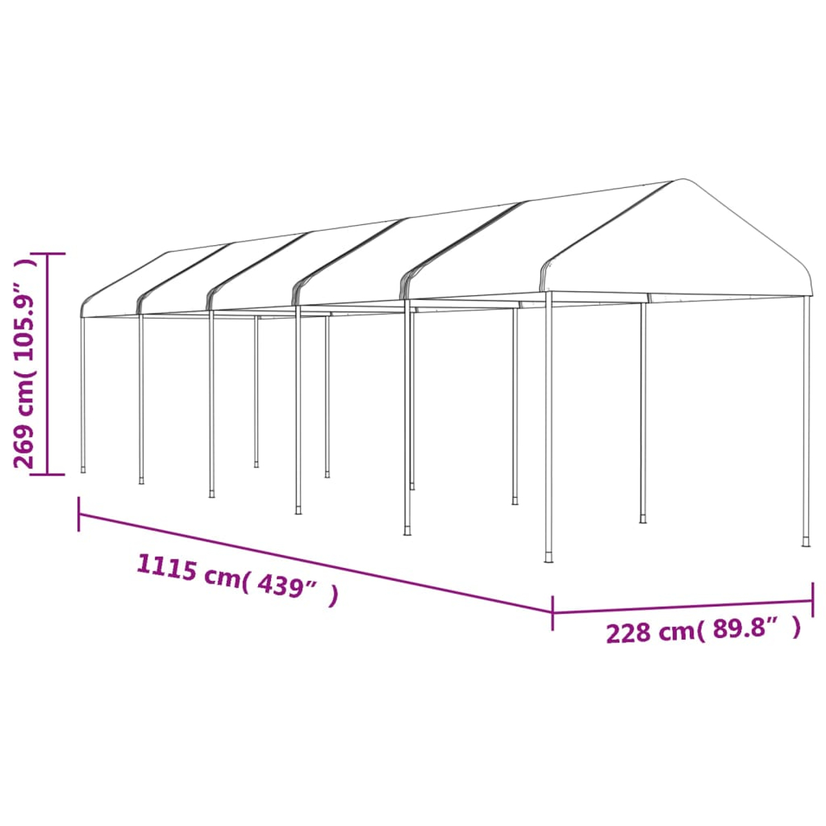 Strichzeichnung eines weißen Baldachinzeltes mit Maßangaben: 269 cm Höhe, 1115 cm Länge und 228 cm Breite.
