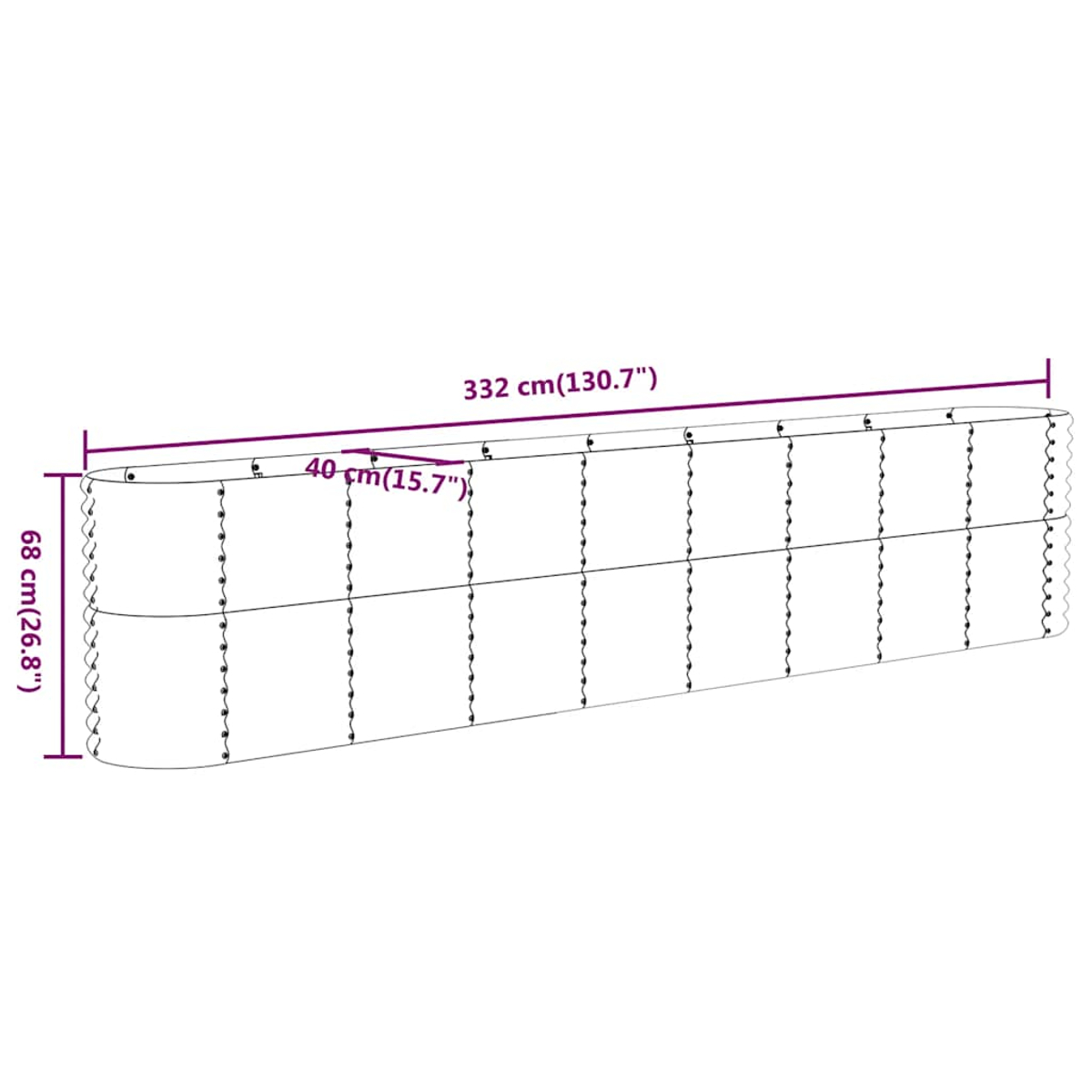 Eine Illustration mit den Maßen eines langen, gebogenen Objekts. Maße sind beschriftet: 332 cm lang, 68 cm hoch und 40 cm tief.