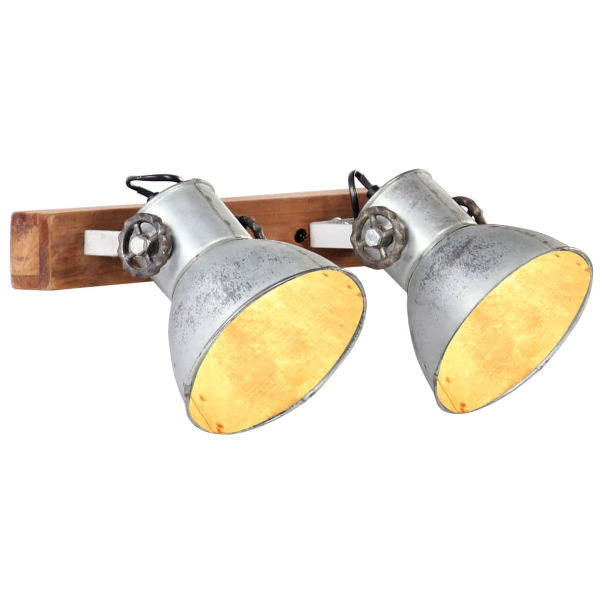 Zwei metallische Scheinwerfer auf Holzsockel. Die Lichter sind an und strahlen warm. Der Sockel ist braun, der Hintergrund ist weiß.