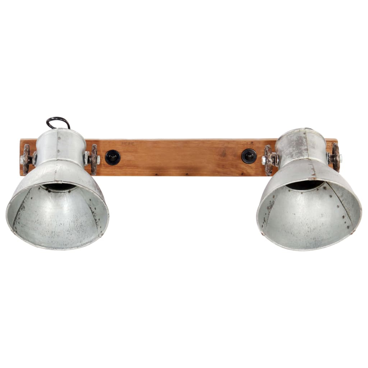 Zwei silberne Metalllampen mit Holzbrett in der Mitte. Die Lampen sind mit Metallhalterungen an der Platte befestigt.